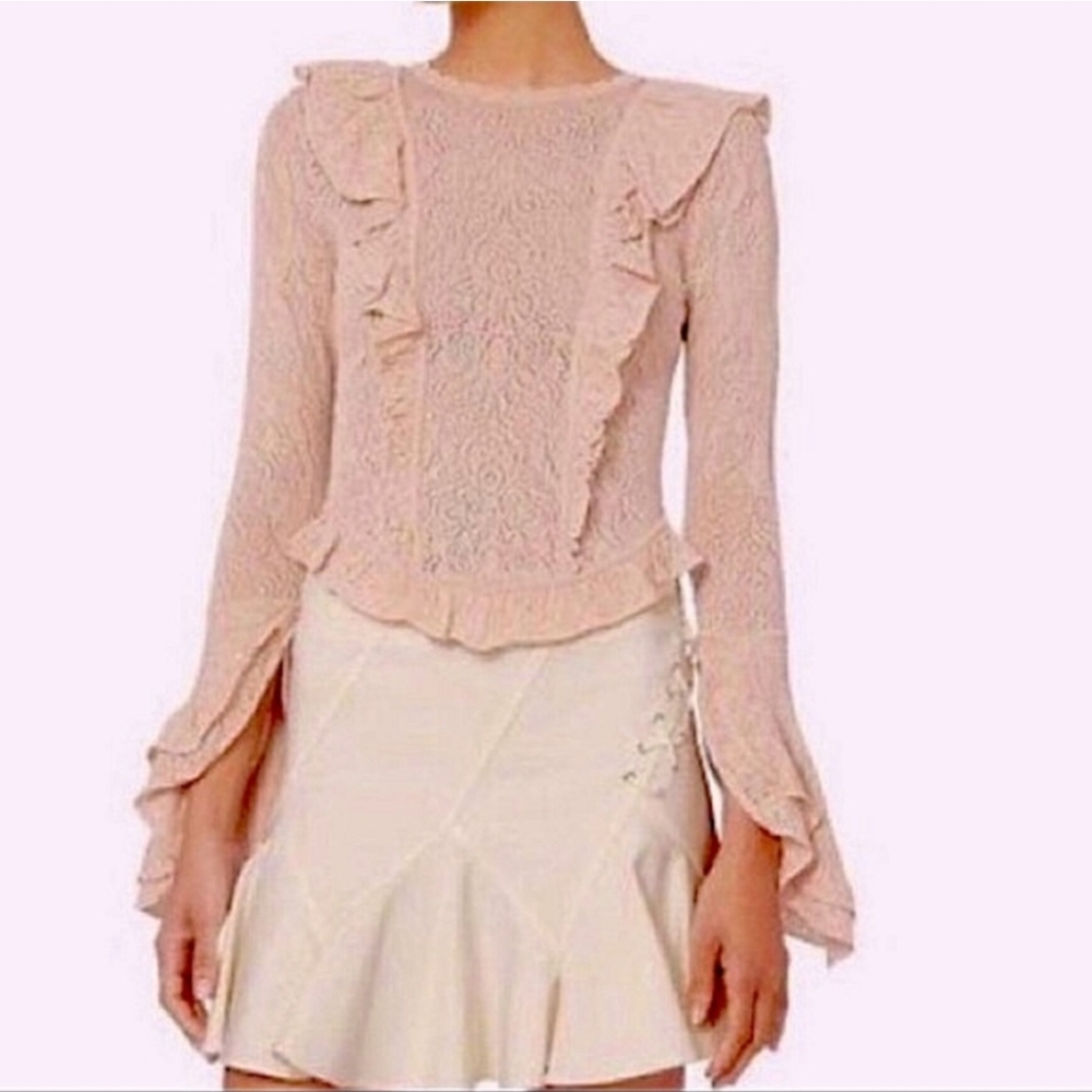Ronny Kobo Pointelle Ruffle Sweater, Lightweight Open Knit, Neutral Beige, EUC!